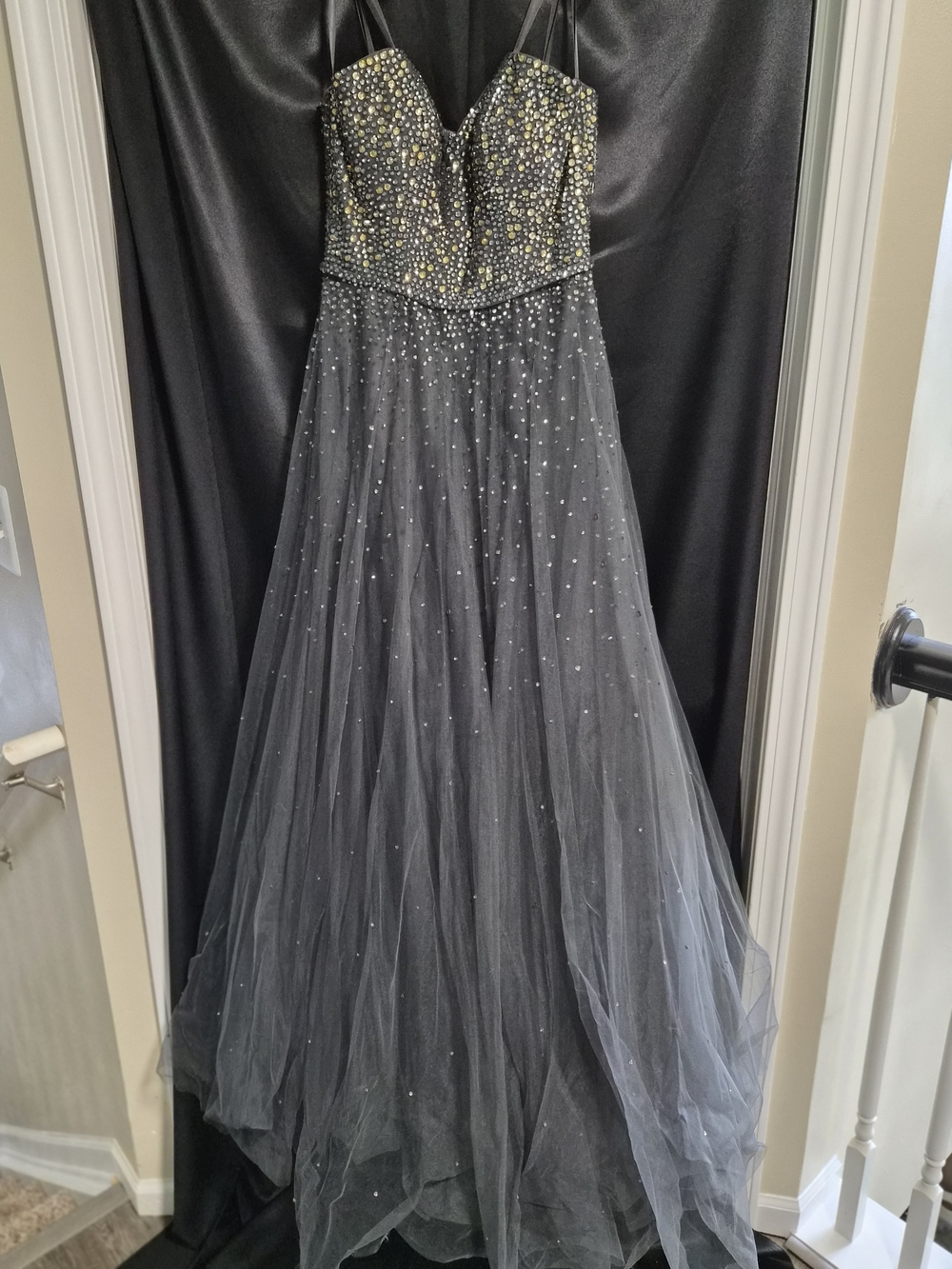 La Femme Grey and Gold Beaded Prom Gown